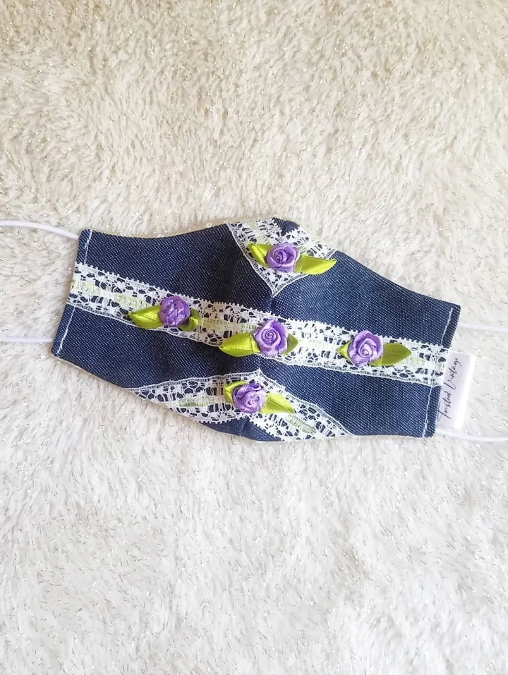 Handmade Little Flower Girl Denim Lace Mini Purple Roses Face Mask 5T
